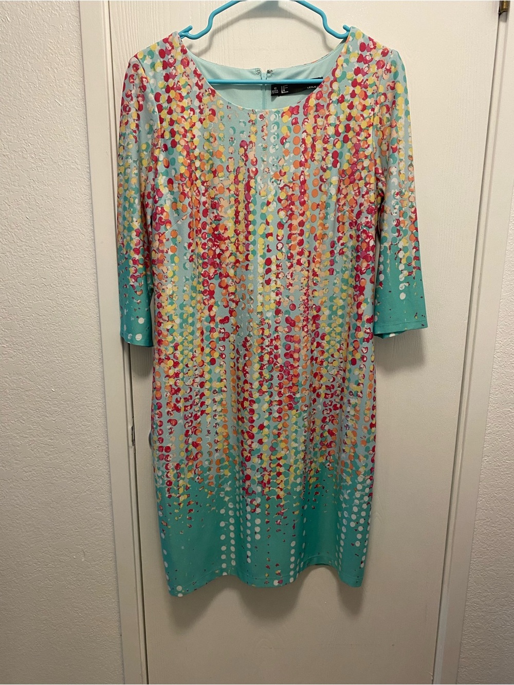 Leslie Fay Aqua Shift Dress with Multicolor Dot Print